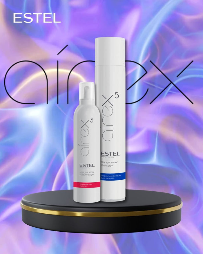 Estel Airex Serie mit Haarspray und Schaumfestiger auf schwarzem Podest vor schillerndem Hintergrund.