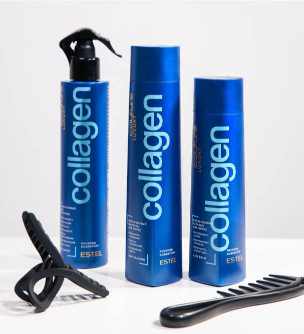 Drei blaue ESTEL Collagen Pflegeprodukte, aufgestellt mit schwarzem Kamm und Haarclip auf weißem Untergrund.