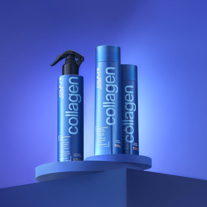 Drei blaue ESTEL Collagen Pflegeprodukte, stilvoll auf Podesten vor blauem Hintergrund arrangiert.