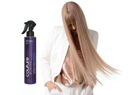 Estel Couture BlondBar Pflegespray neben Model mit sehr langem glattem Blondhaar im weißen Anzug.
