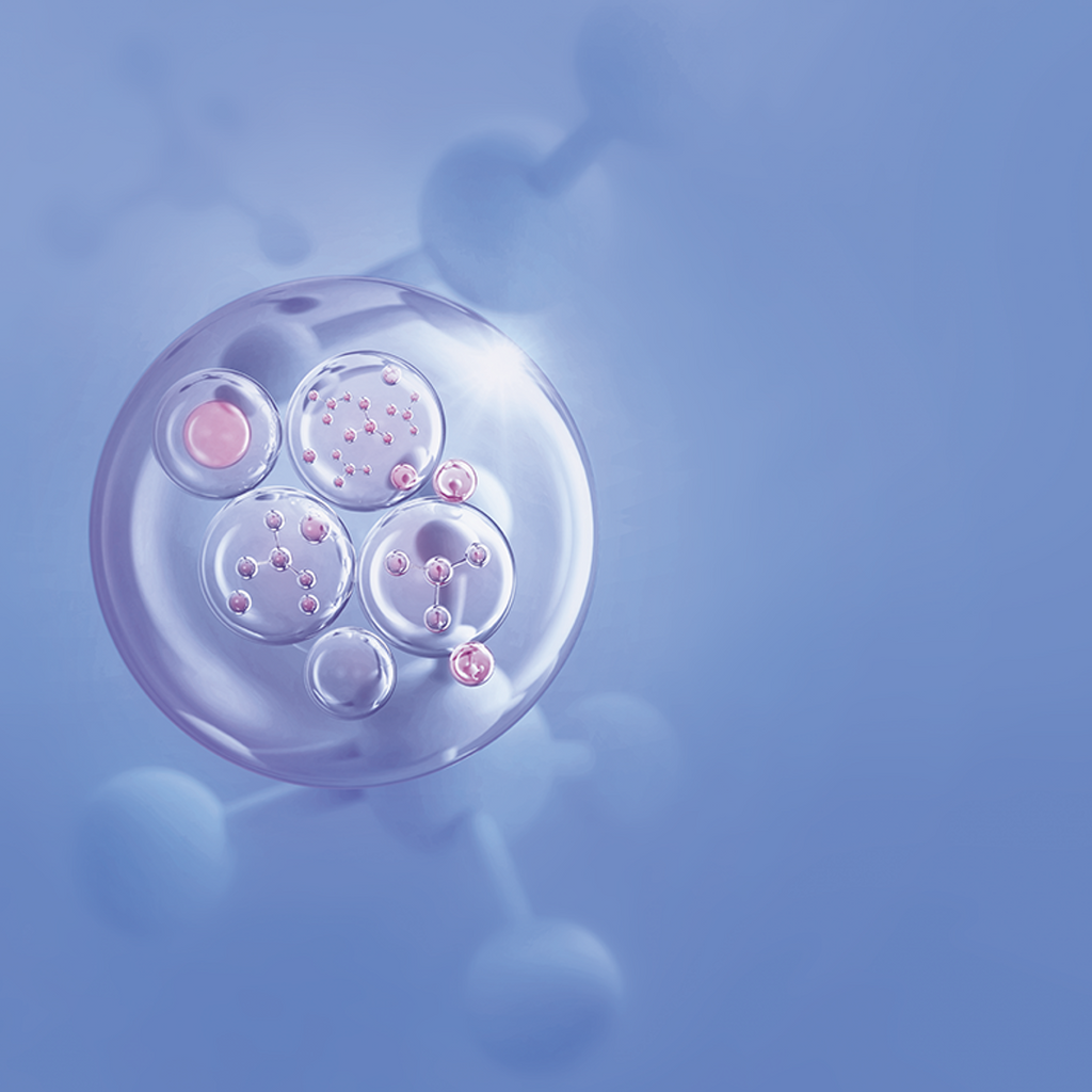 Illustration einer transparenten Collagen-Struktur mit mehreren kleinen rosa Molekülen in einer großen Zelle – symbolische Darstellung von Collagen.