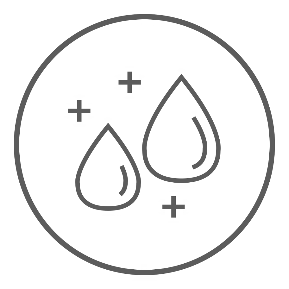 Graue Strichgrafik mit zwei Tropfen unterschiedlicher Größe und mehreren Pluszeichen, in einem Kreis dargestellt.