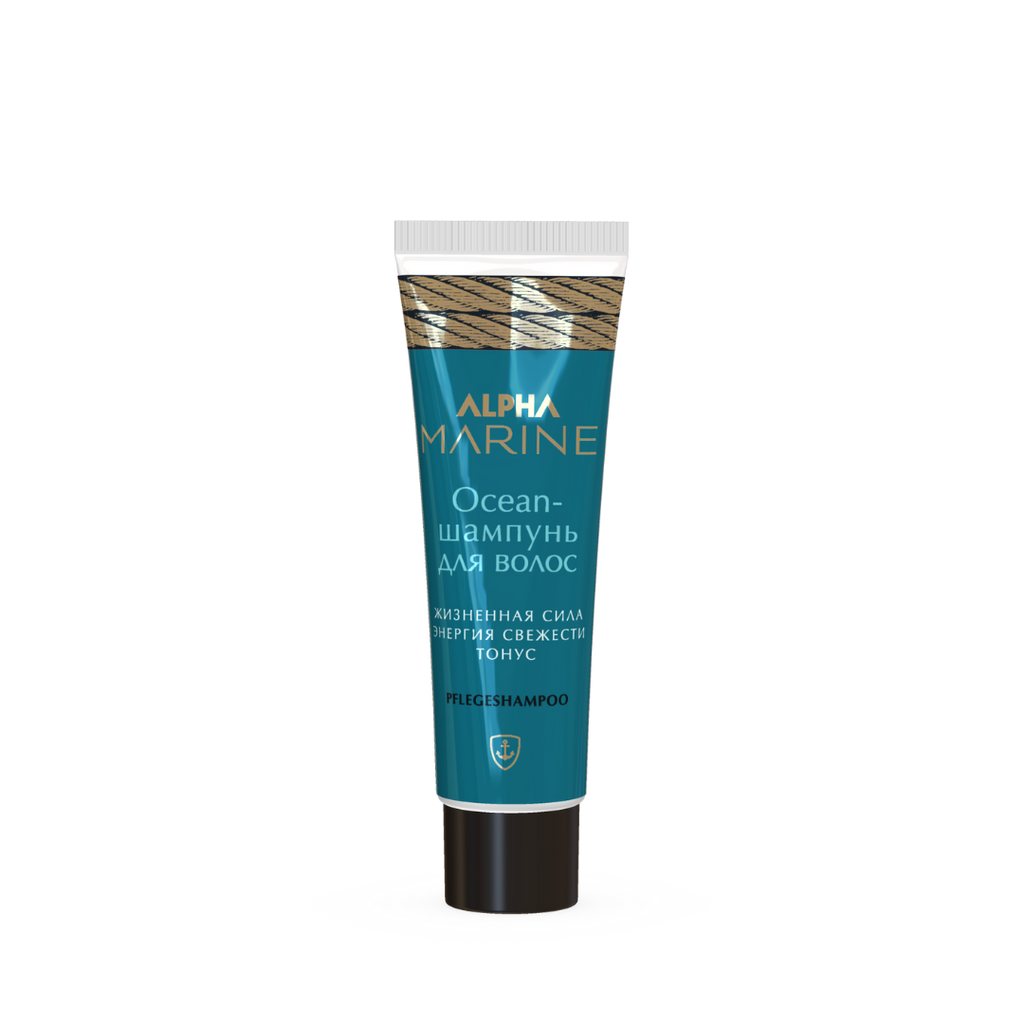 Meerblaue Tube ALPHA MARINE Shampoo vor transparentem Hintergrund