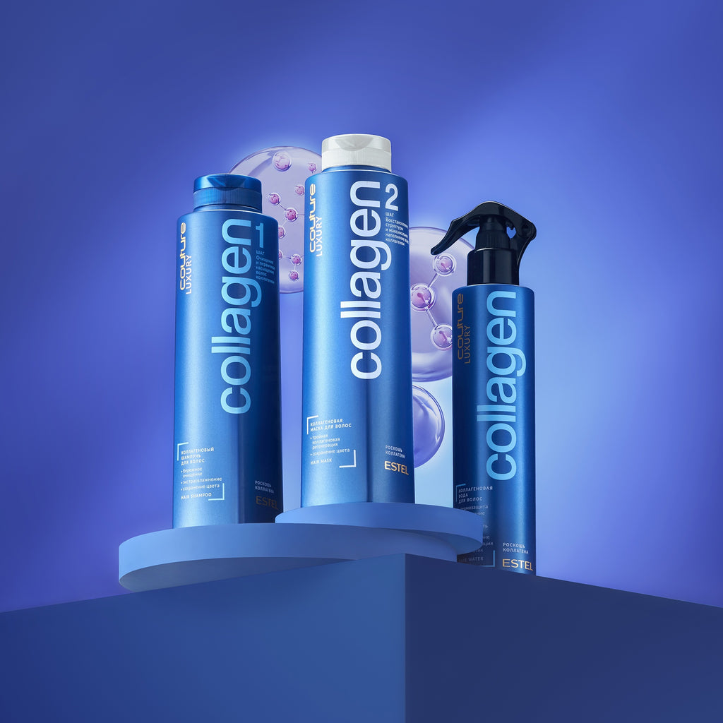 ESTEL Haute Couture Luxury Collagen Pflegeset: Drei blau glänzende Flaschen mit Shampoo, Balsam und Spray, auf Podest vor blauem Hintergrund mit schwebenden Molekülbläschen