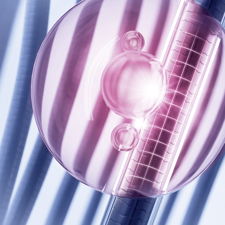 Dekorative Illustration eines rosafarbenen Moleküls auf einer Haarstruktur, symbolisiert Keratin.