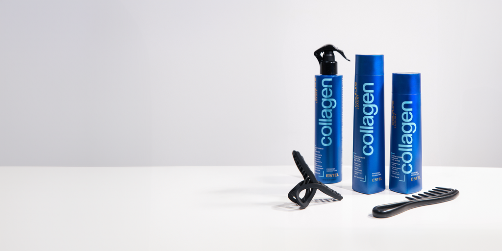 Drei blaue Flaschen Estel Haute Couture Luxury Collagen Haarpflegeprodukte mit schwarzem Kamm und Haarspange auf weißem Hintergrund