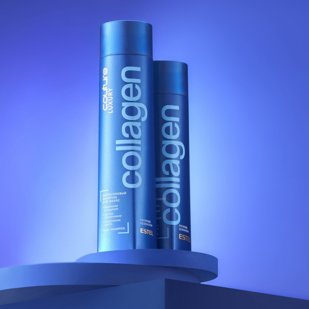 Zwei blaue Flaschen Estel Haute Couture Luxury Collagen Shampoo auf Podest vor blauem Hintergrund