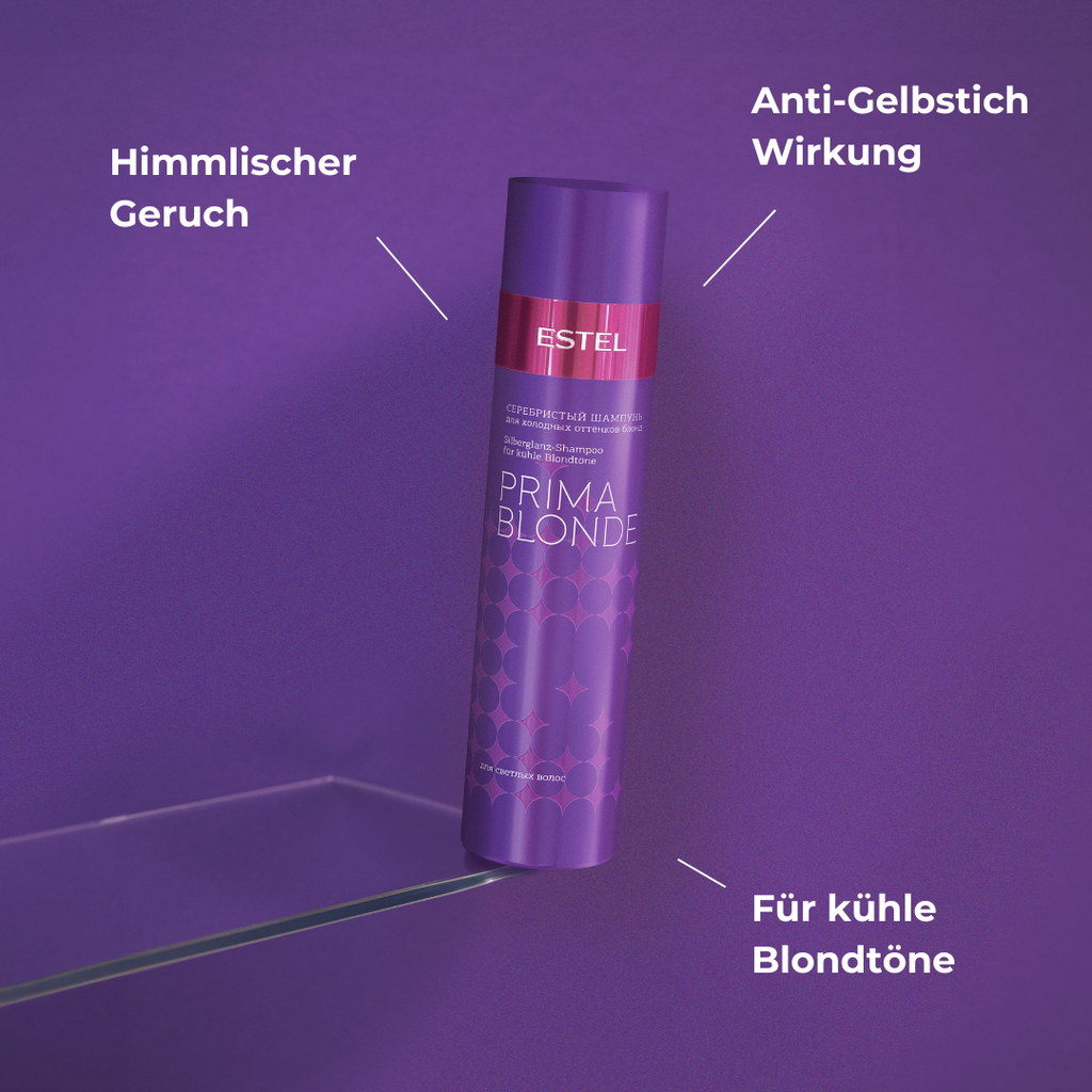 Lila Flasche Estel PRIMA BLONDE Silberglanz-Shampoo vor passendem violetten Hintergrund, auf Glasfläche platziert. Text-Highlights: Himmlischer Geruch, Anti-Gelbstich Wirkung, Für kühle Blondtöne.