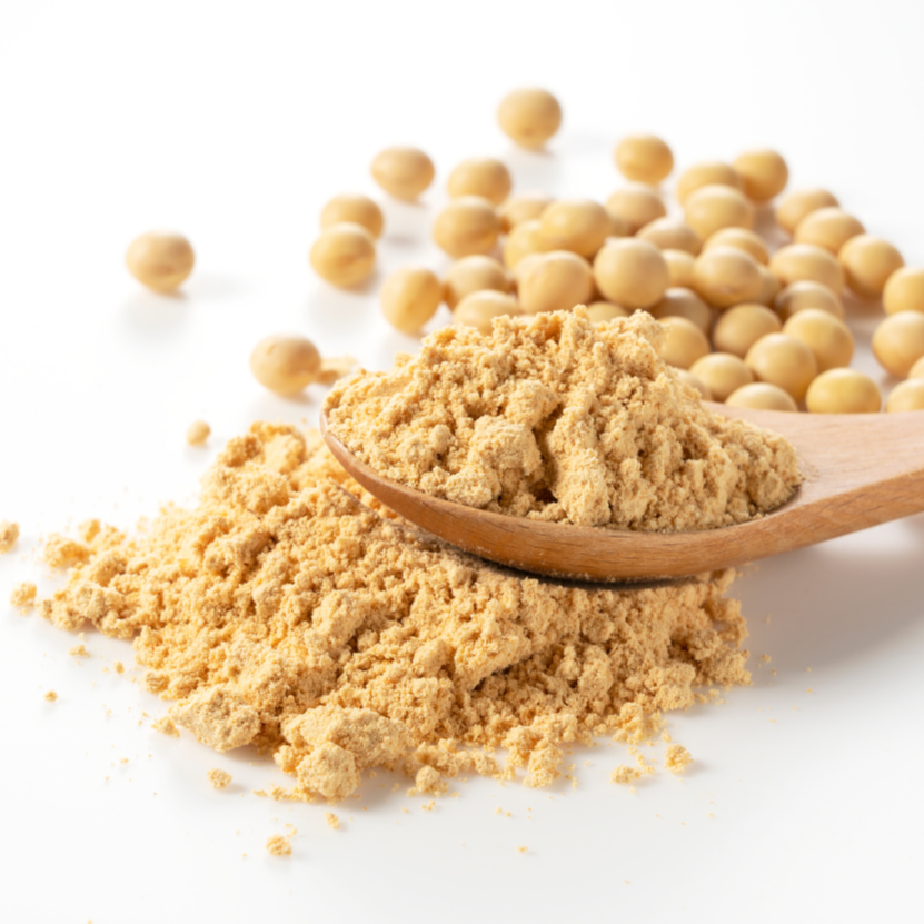 Holzlöffel mit beigem Pulver vor ganzen Sojabohnen, dekorative Darstellung von Sojapeptiden